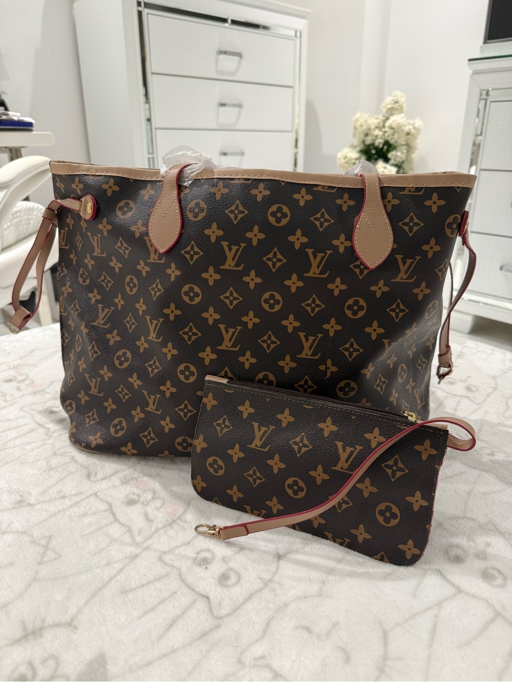 Large Monogram Canvas Tote with Wristlet - Brown with Tan Trim